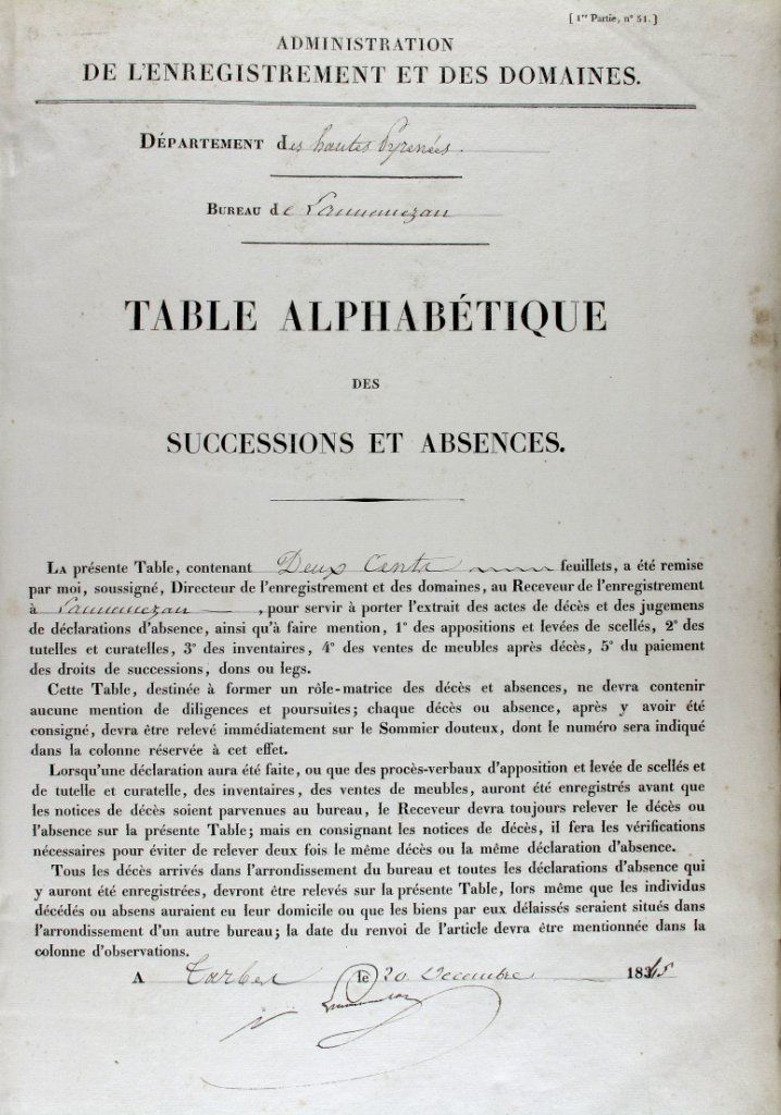 Table de succession et absences du bureau de Lannemezan (1840-1853). ADHP, 3 Q 10/2