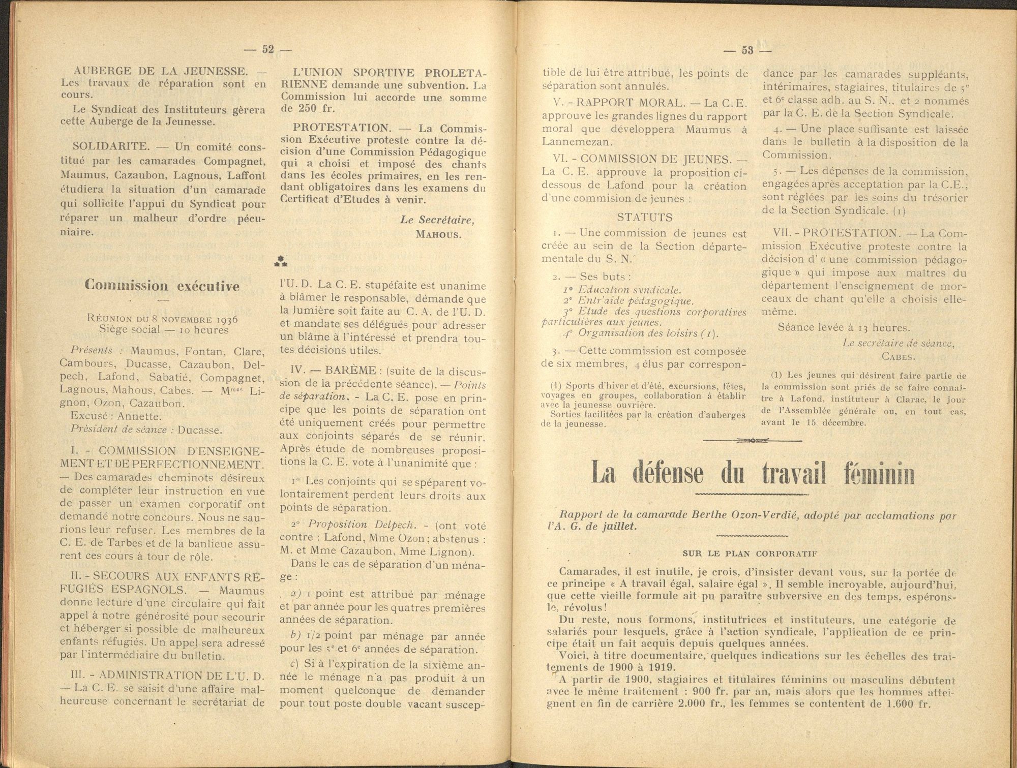 Bulletin du Syndicat des instituteurs et institutrices des Hautes-Pyrénées, contribution de Berthe Ozon (3e trimestre 1936), 3JB31/43.