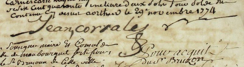 Signature du fondeur espagnol Jean Corralès à Maubourguet (1774) - ADHP, 304 DEPOT 55