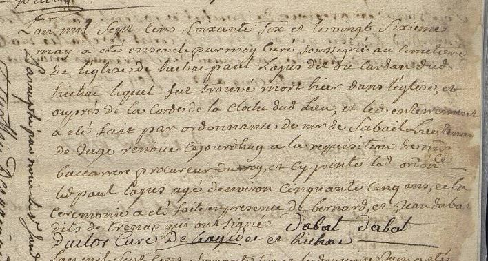 Acte de décès du sonneur de Héchac, sans doute mort foudroyé pour avoir sonné contre l’orage (1766) - ADHP, 215 E DEPOT 6