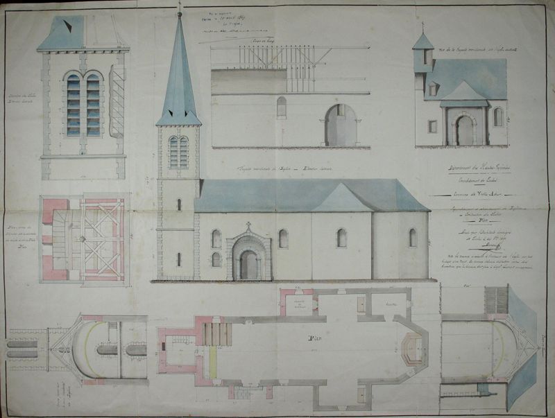 Projet de reconstruction de l’église de Vielle-Adour par l’architecte Darqué (1867) - ADHP, 2 O 2412 - Ce document montre l’ancien campanile et le nouveau clocher