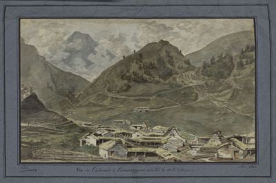 Esquisse aquarellée représentant les cabanes de Tramesaygues au pied du Pic du Midi, 1800.