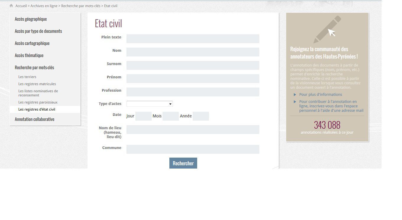 Formulaire de recherche dans l'état civil
