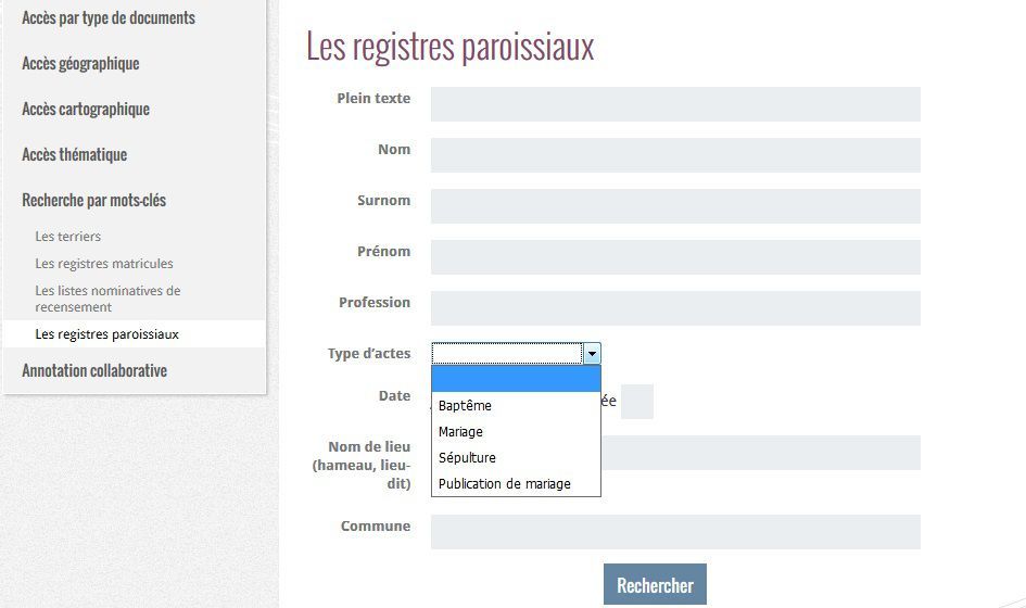 Formulaire de recherche des registres paroissiaux