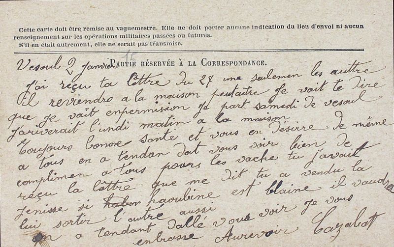 Lettre de Jean-Pierre Cazabat, mobilisé durant la Première Guerre mondiale, à son épouse, Maria (1915)