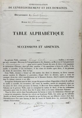 Table de succession et absences du bureau de Lannemezan (1840-1853). ADHP, 3 Q 10/2